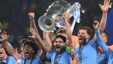 jogadores do manchester city comemora a conquista da champions league